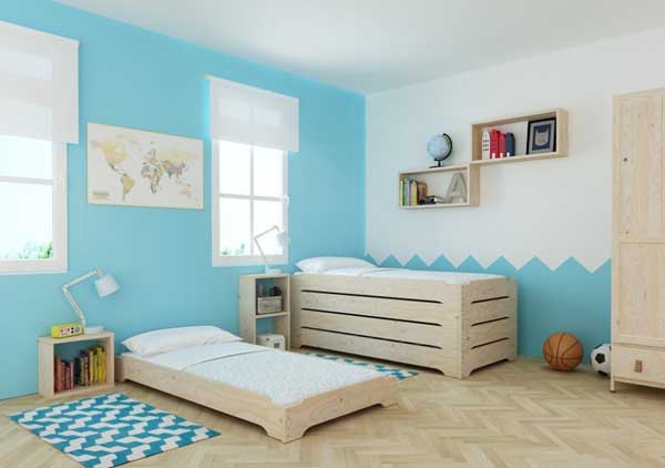 La cama de madera infantil apilable está diseñada al nivel del suelo para facilitar el paso de la cuna a la cama sin temer caídas nocturnas.